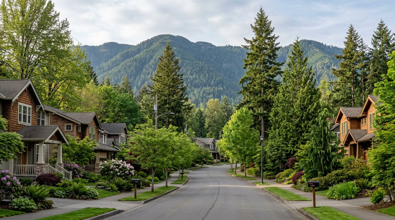 A tree lined Issaquah street, illustrative