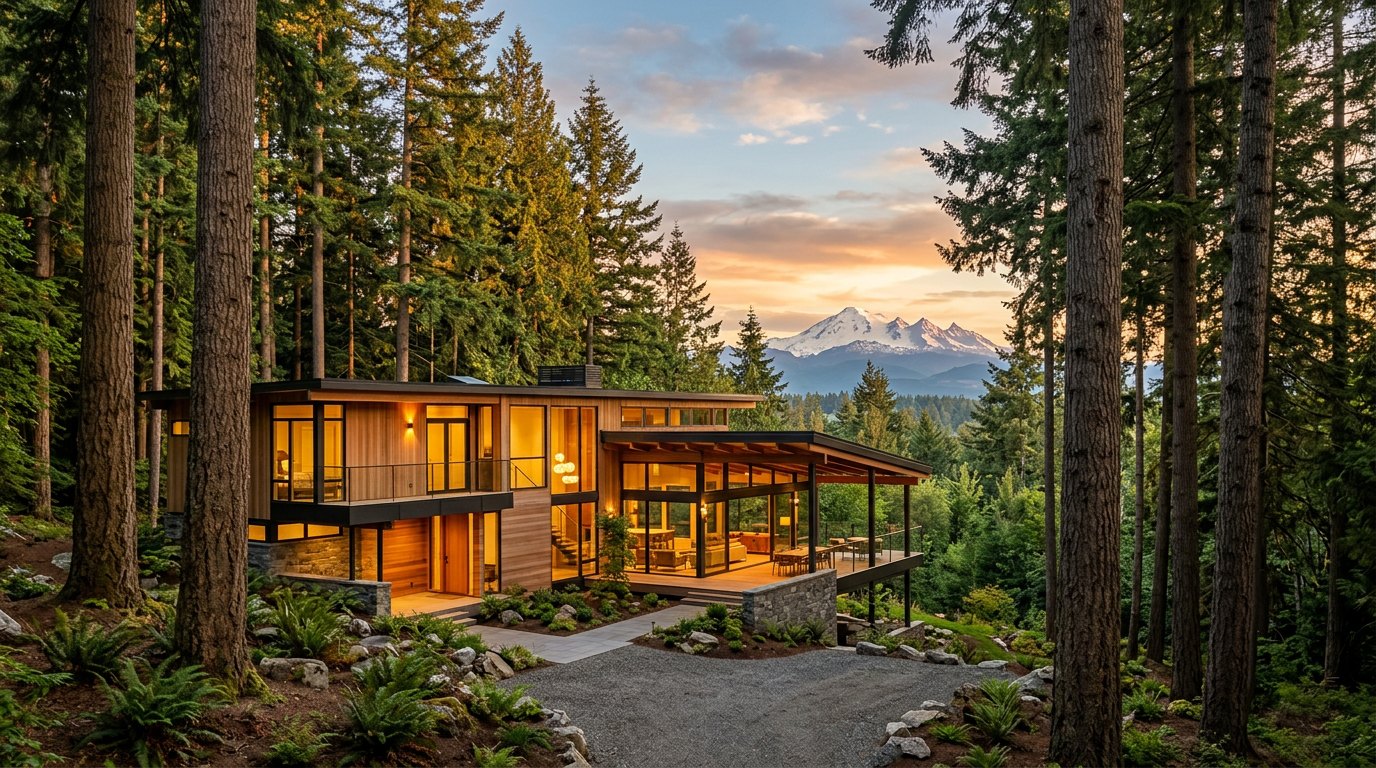 A Pacific Northwest home among evergreens on the Seattle Eastside, illustrative