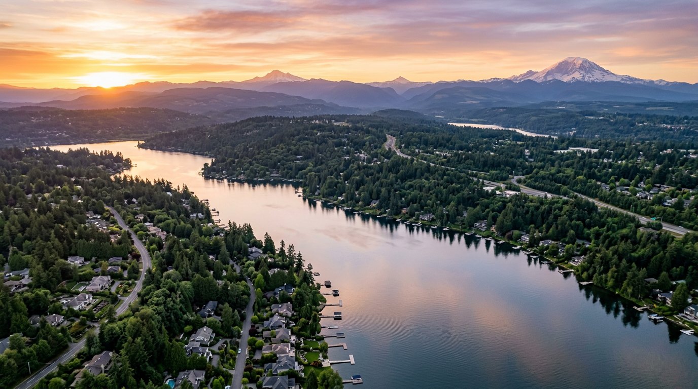 Lake Sammamish and the Eastside at sunset, illustrative