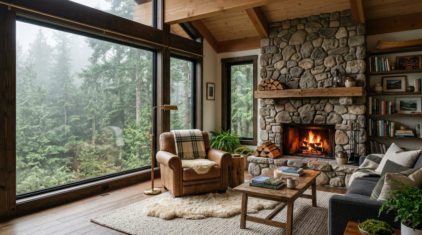 A Pacific Northwest living room, illustrative