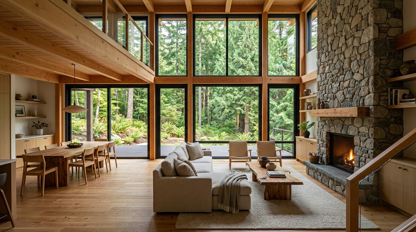 A bright Pacific Northwest great room, illustrative